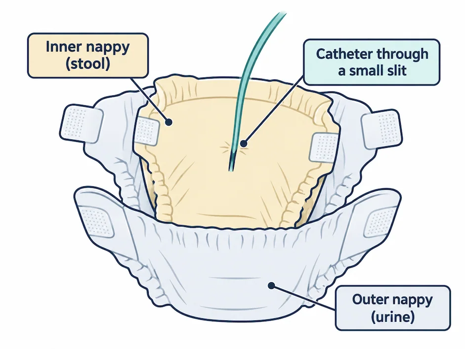 Diagram of the double-nappy method, with the catheter passing from the inner nappy into the outer nappy.