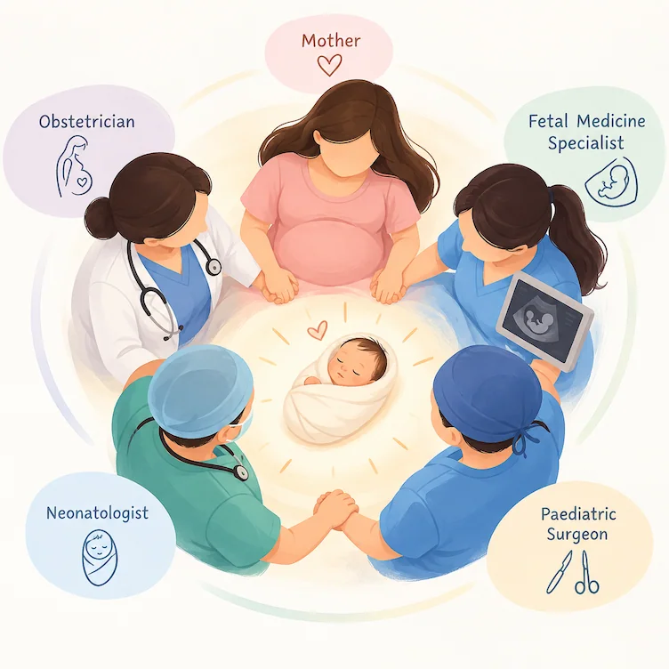 Illustration of a newborn surrounded by a circle of caregivers, representing the team that plans care before birth.