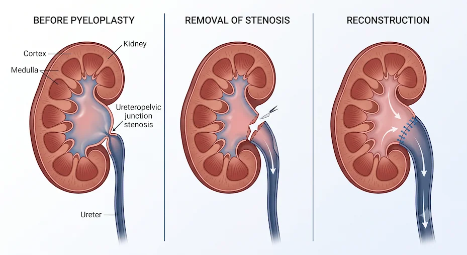 hree-step diagram of pyeloplasty: a narrowed kidney outlet, removal of the narrow segment, and a wide reconnected junction.
