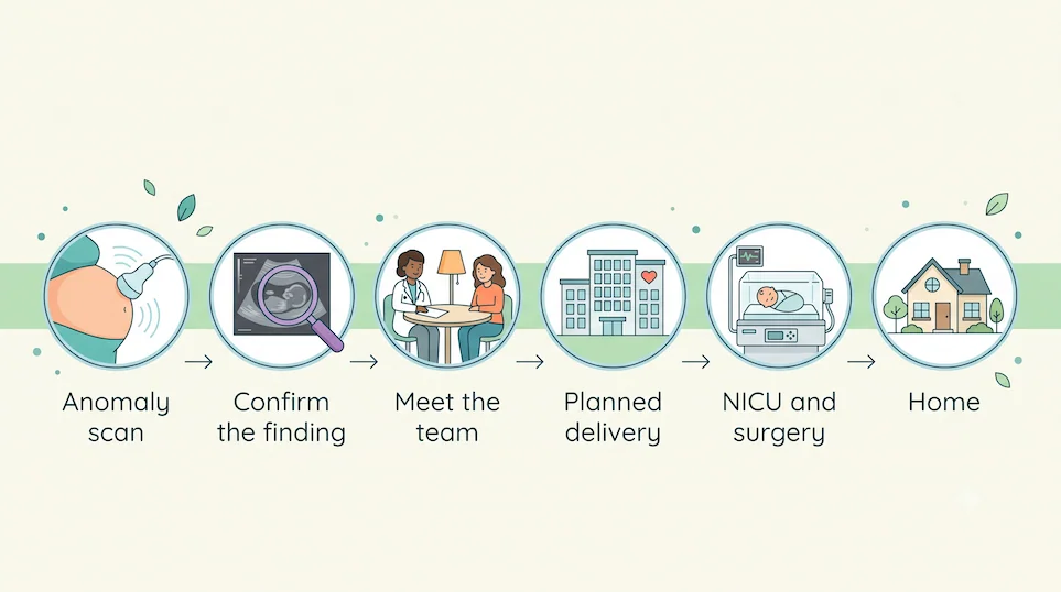 Timeline from the anomaly scan to confirmation, antenatal consultation, planned delivery, NICU care and going home.