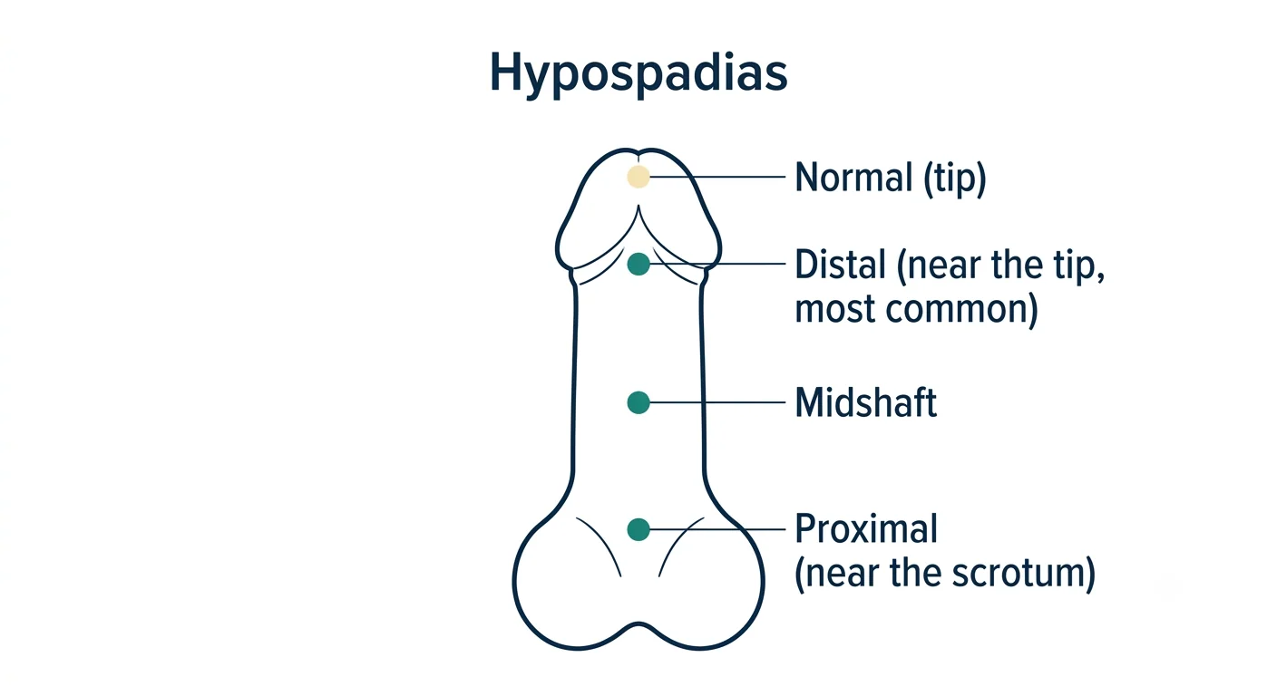 Line diagram showing the possible positions of the urine opening in hypospadias, from near the tip to near the scrotum.