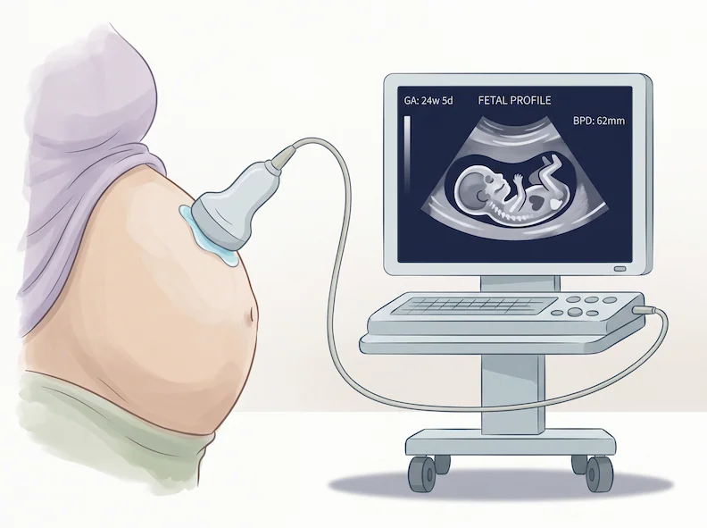 Illustration of a pregnancy ultrasound showing a baby on the monitor screen.