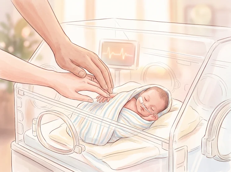 Illustration of parents gently touching their newborn in an incubator.