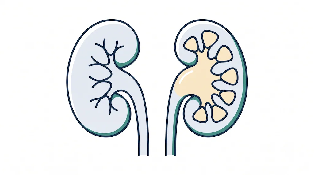 Illustration comparing a normal kidney with a kidney whose urine-collecting area (renal pelvis) is enlarged.