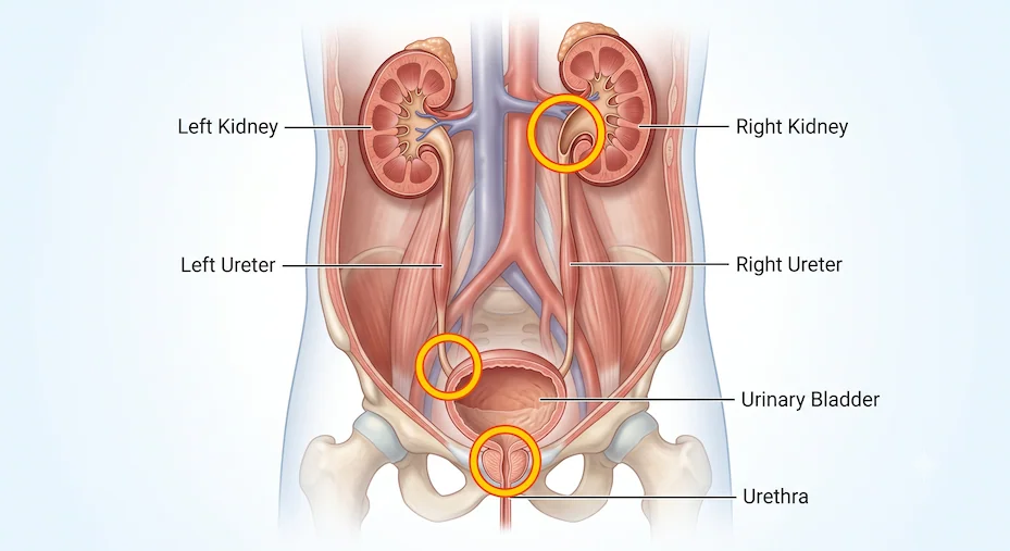 Diagram of a baby's kidneys, ureters and bladder, highlighting three common sites of urinary drainage problems.