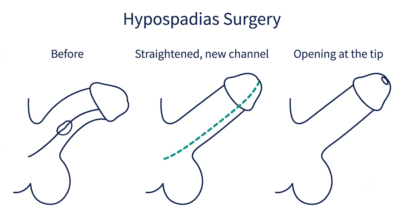 Three-step line diagram of hypospadias repair.