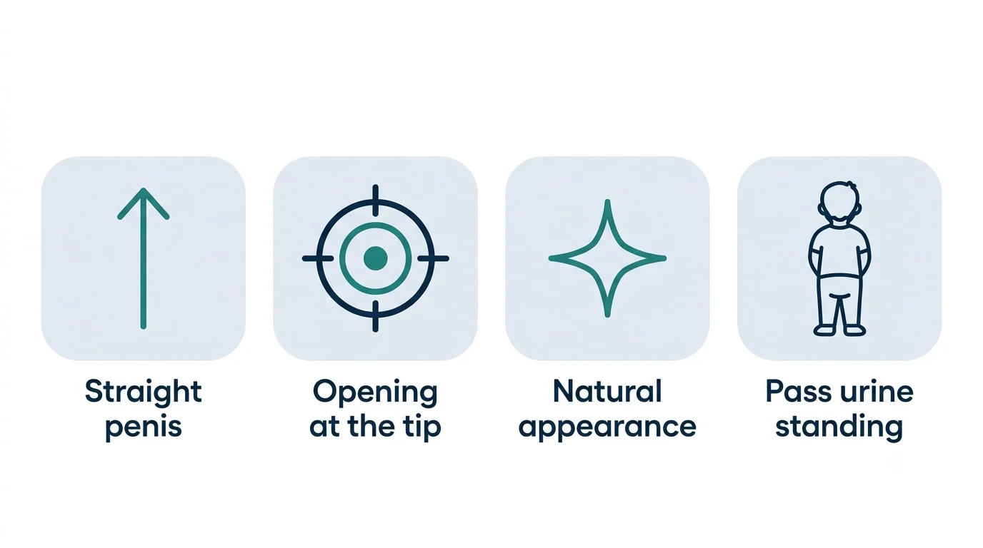 Four icons showing the aims of hypospadias surgery.